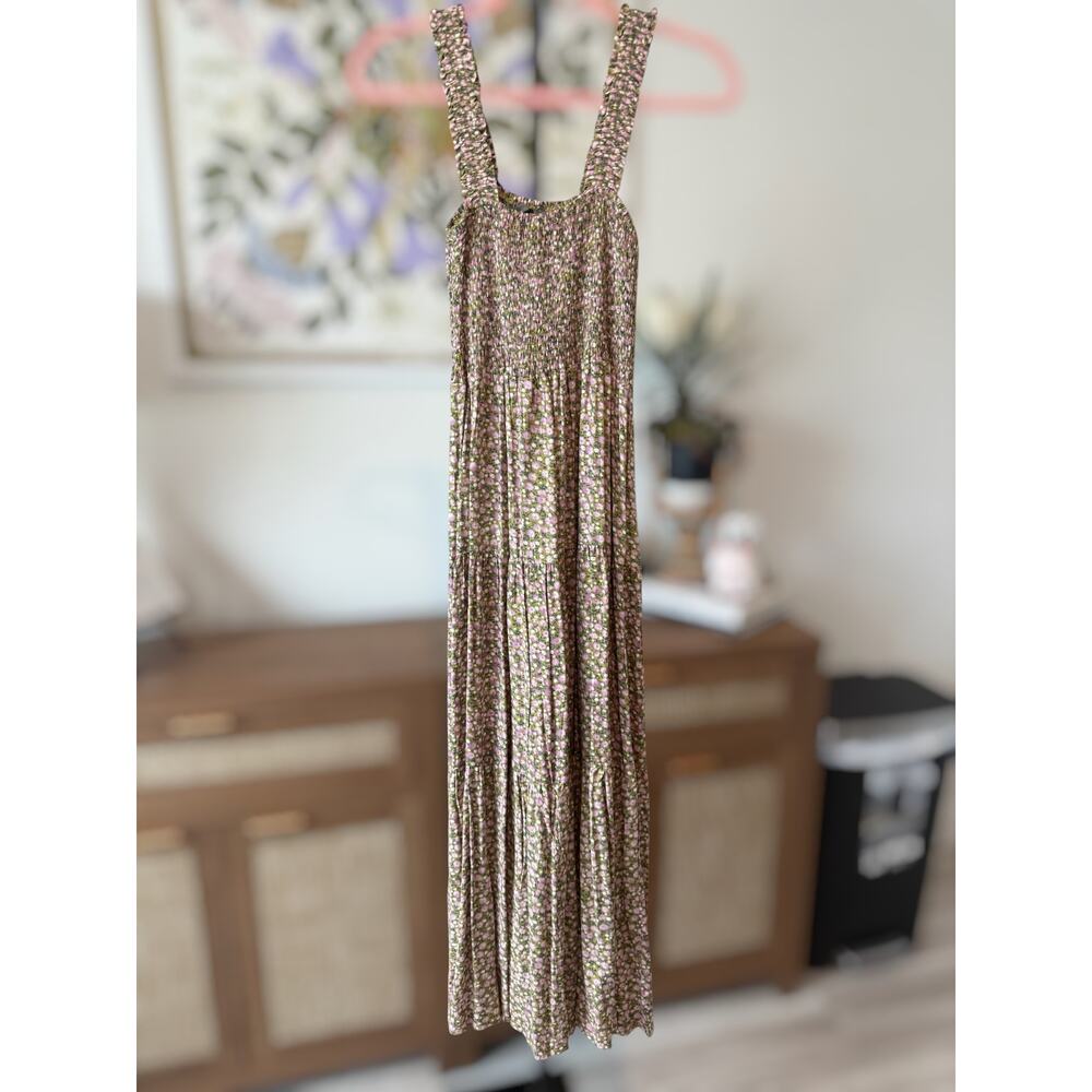 Sans Souci Maxi Floral Tiered Smocked Sundress Purple Green Womens Size Medium